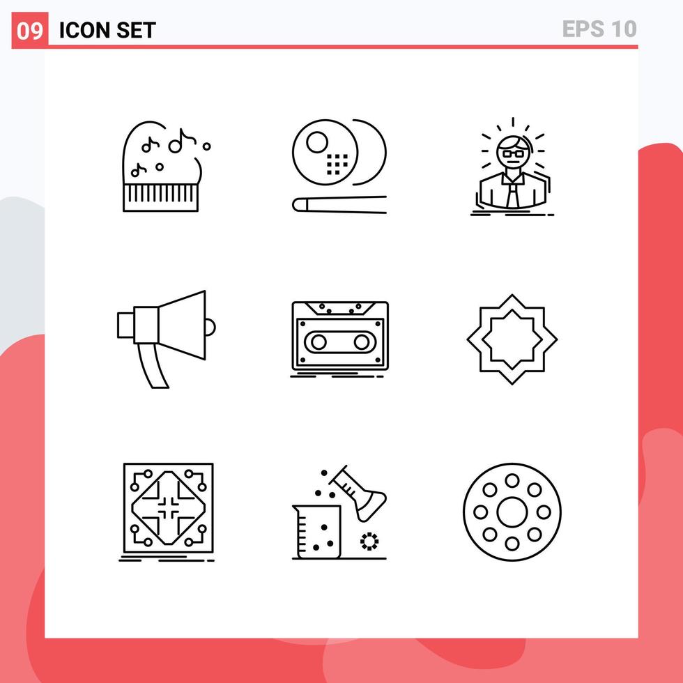 9 Universal Outlines Set for Web and Mobile Applications cassette megaphone employee loud ads Editable Vector Design Elements