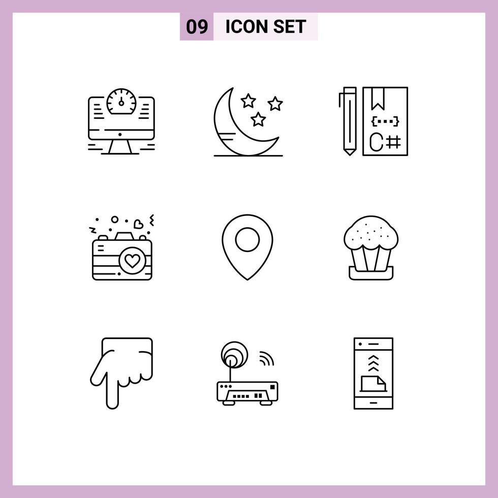 9 Thematic Vector Outlines and Editable Symbols of map romance code love camera Editable Vector Design Elements