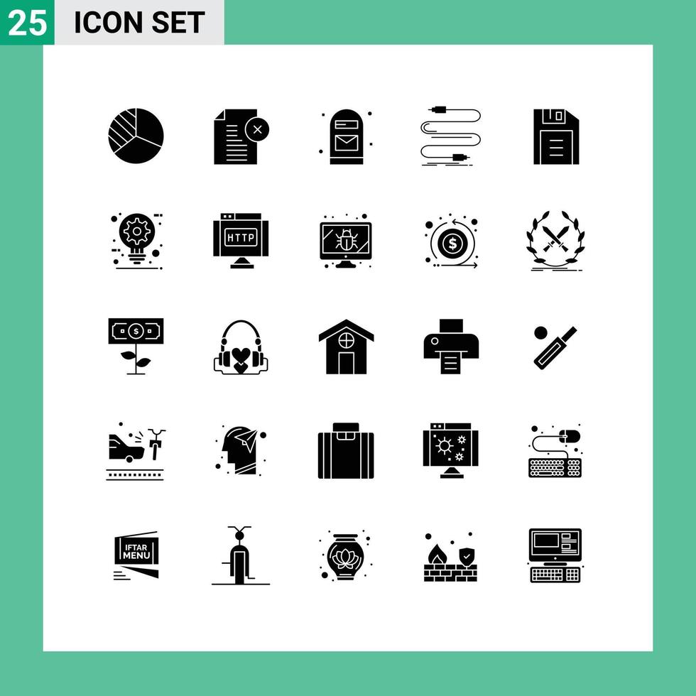 Set of 25 Commercial Solid Glyphs pack for floppy disk sound box cord audio Editable Vector Design Elements
