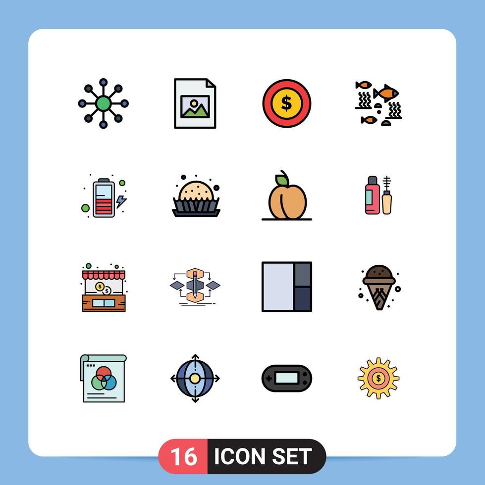 Mobile Interface Flat Color Filled Line Set of 16 Pictograms of dessert charge global battery sea Editable Creative Vector Design Elements