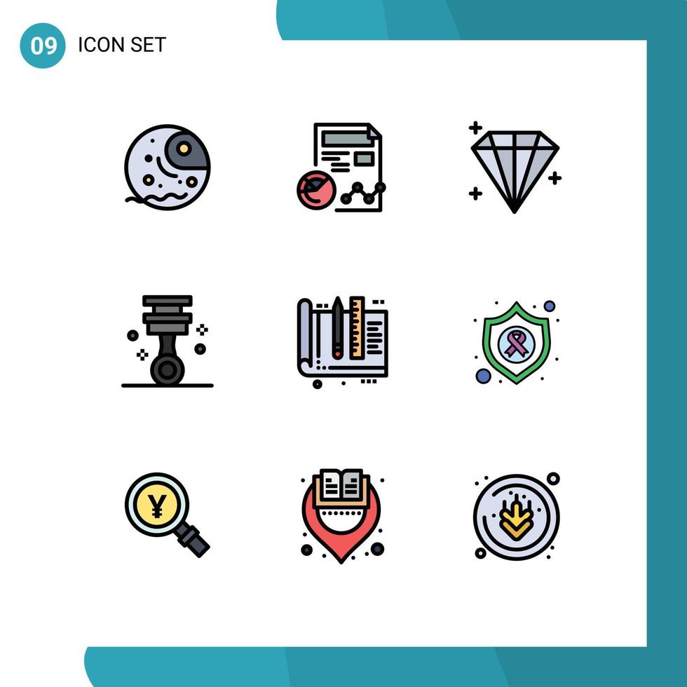 Pack of 9 creative Filledline Flat Colors of design tools business piston car Editable Vector Design Elements