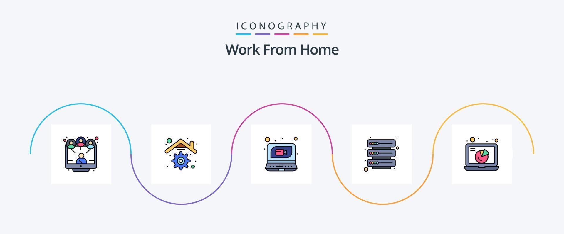 Work From Home Line Filled Flat 5 Icon Pack Including meeting. chart. call. server. internet vector