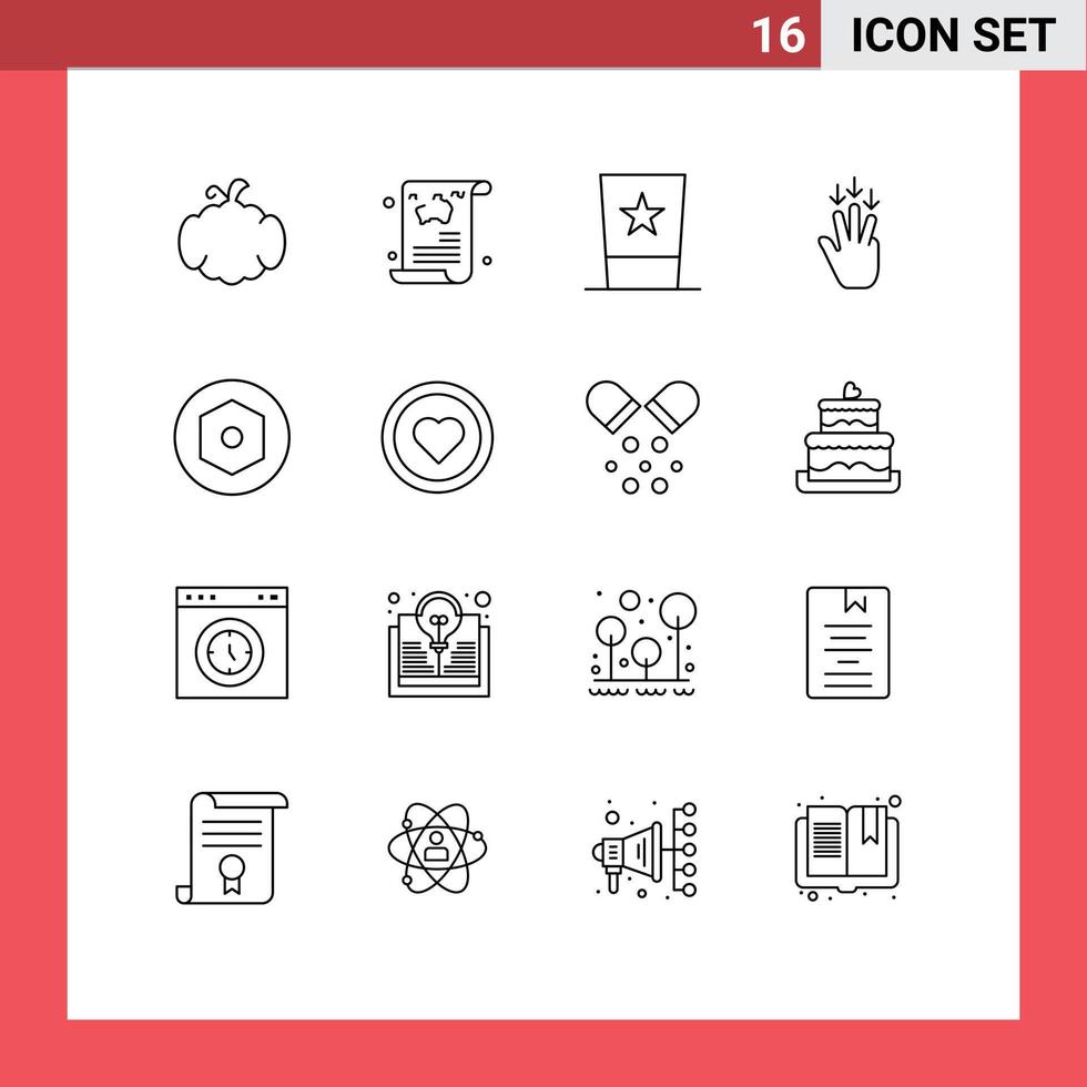 16 User Interface Outline Pack of modern Signs and Symbols of gestures down guide finger top Editable Vector Design Elements