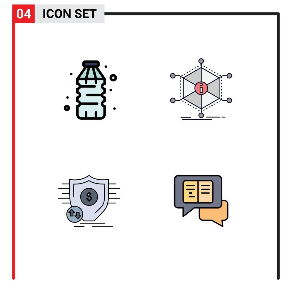 Mobile Interface Filledline Flat Color Set of 4 Pictograms of bottle finance water info money Editable Vector Design Elements