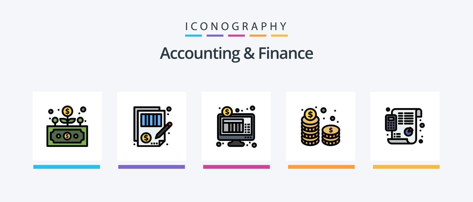 la línea de contabilidad y finanzas llenó el paquete de 5 íconos que incluye el gráfico. kpi. dinero. tablero. diploma. diseño de iconos creativos vector