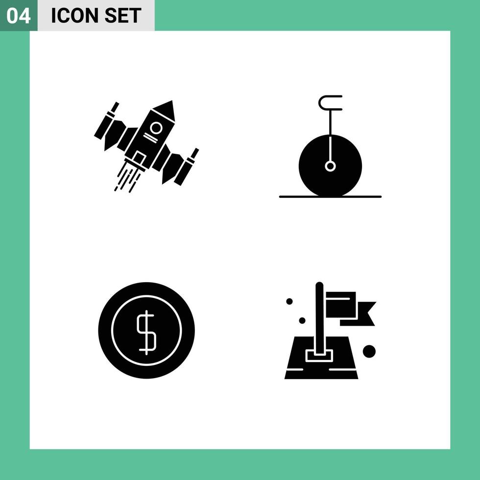 Group of 4 Solid Glyphs Signs and Symbols for spacecraft coin space monocycle money Editable Vector Design Elements