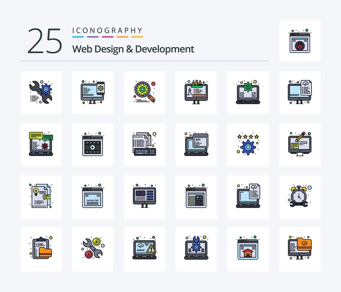 Web Design And Development 25 Line Filled icon pack including laptop. edit tool. engine. web. design vector