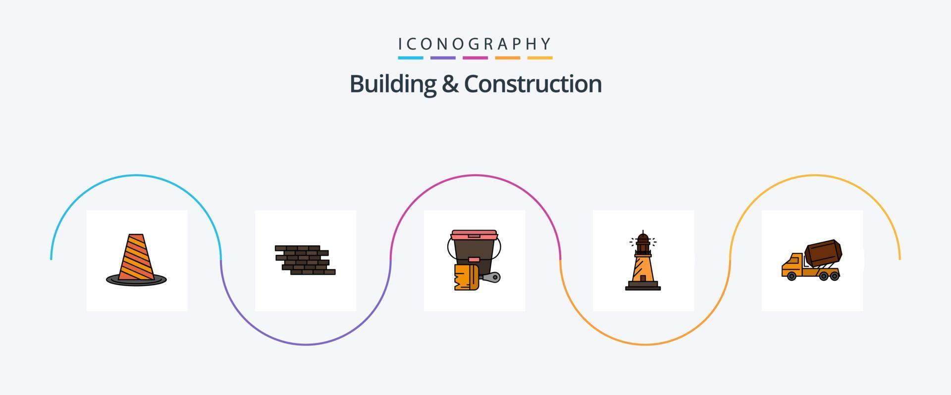 Building And Construction Line Filled Flat 5 Icon Pack Including light. lighthouse. wall. brush. bucket vector