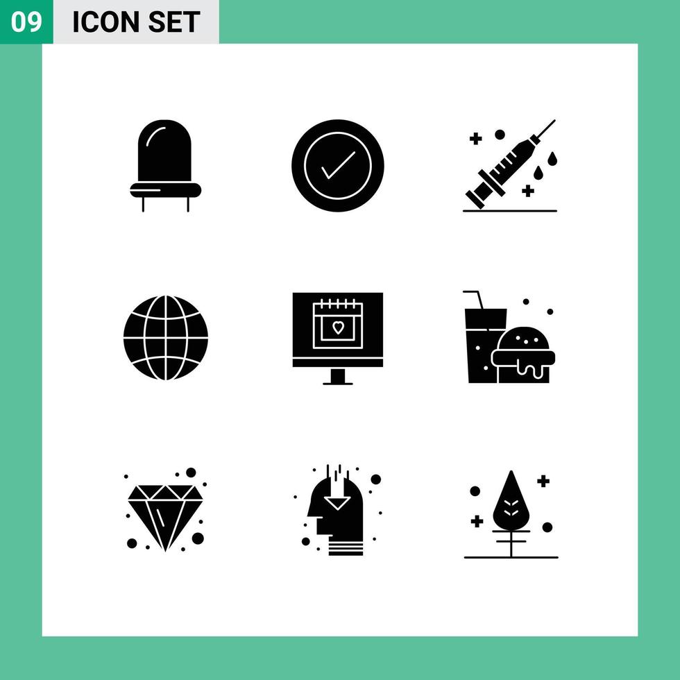 9 Thematic Vector Solid Glyphs and Editable Symbols of valentine heart medical calendar globe Editable Vector Design Elements
