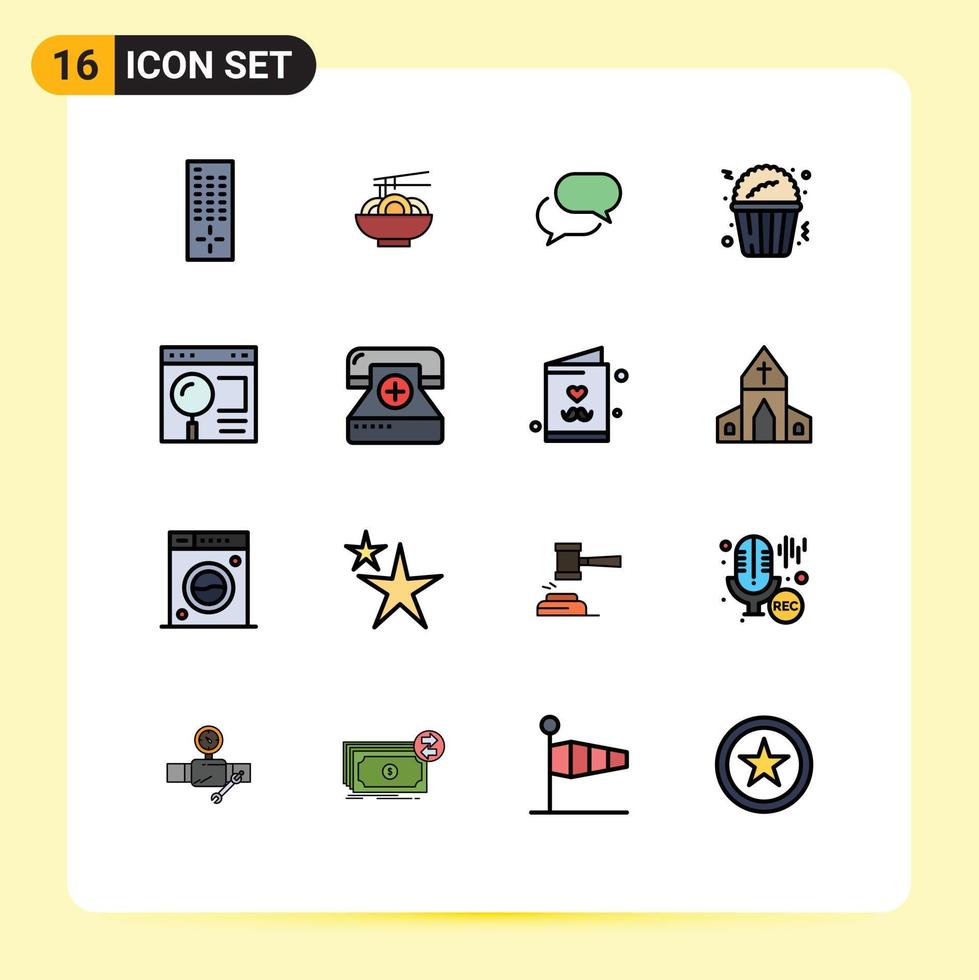 16 User Interface Flat Color Filled Line Pack of modern Signs and Symbols of search interface chat browser fast food Editable Creative Vector Design Elements