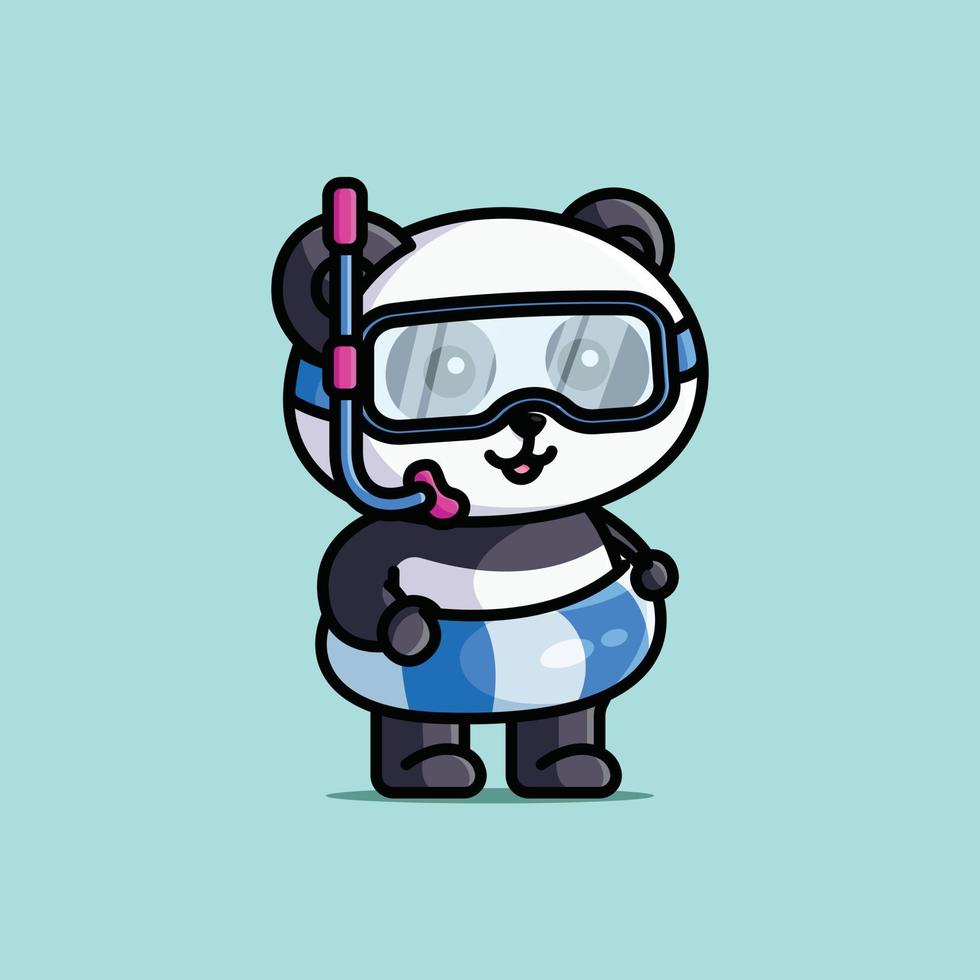 Cute diver panda with swimming goggles and life jacket cartoon illustration animal isolated free vector
