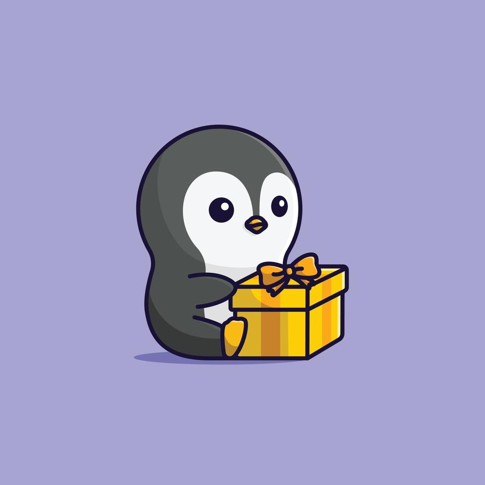 pingüino de dibujos animados lindo de vector con caja de regalo ilustración simple gratis