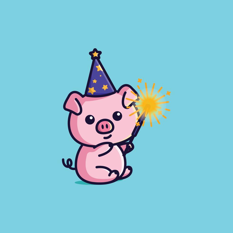 Cute cartoon pig with fireworks in new year free simple illustration vector