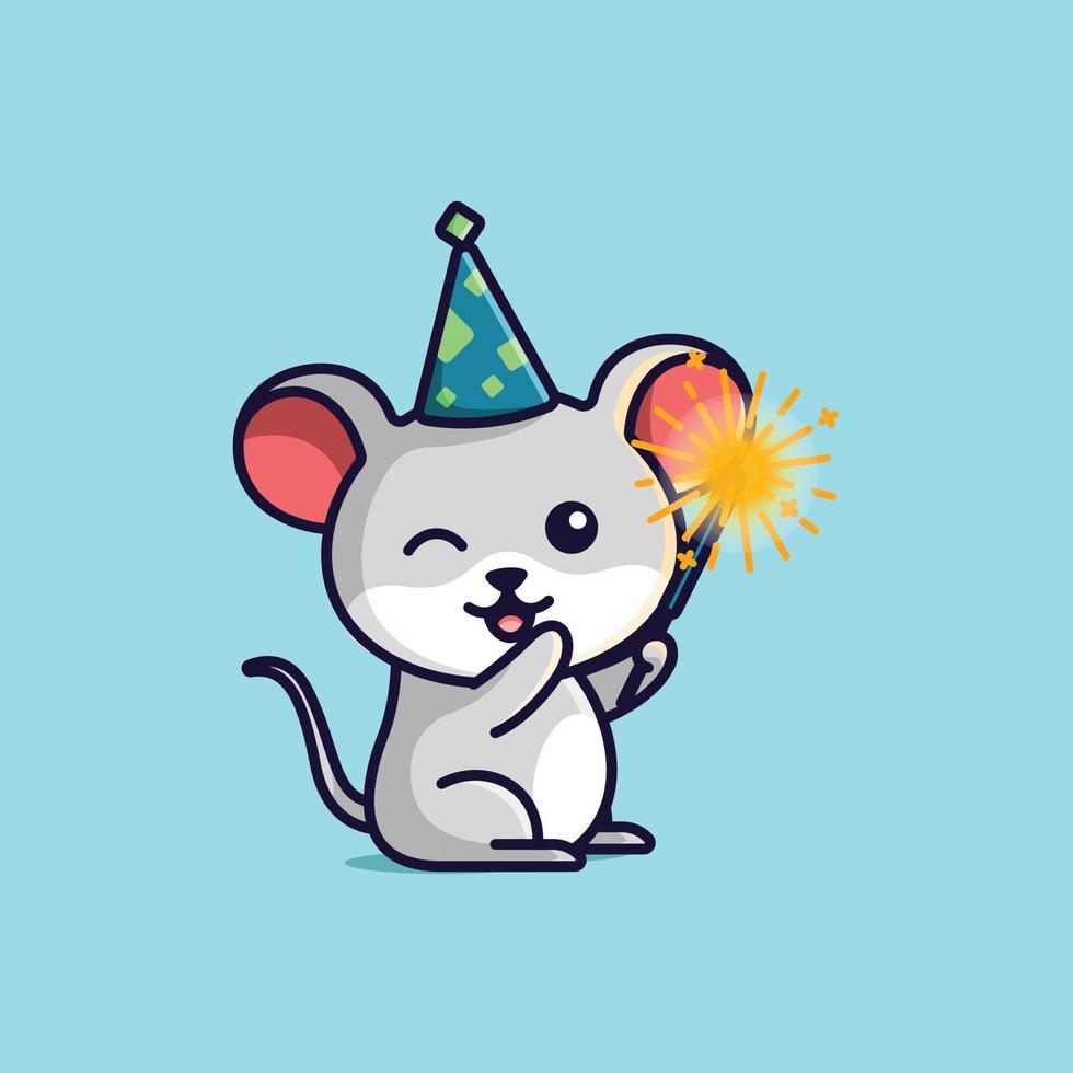 lindo ratón de dibujos animados con fuegos artificiales en año nuevo ilustración simple gratis vector