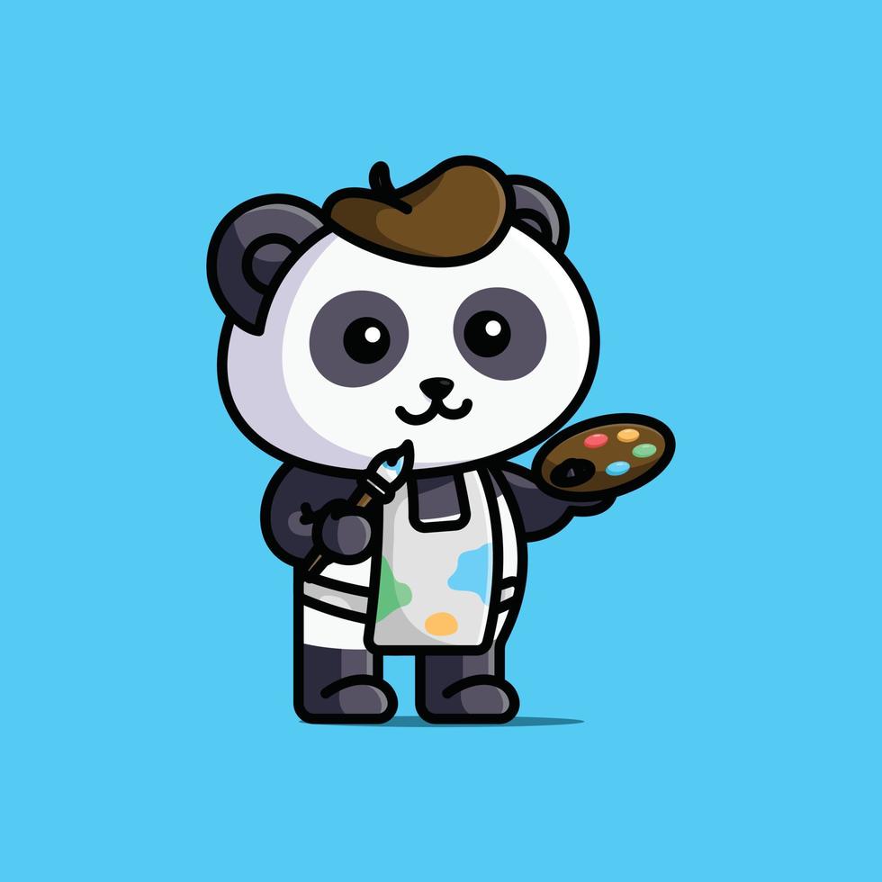 Cute artist paint panda with holding brush and paint cartoon illustration vector animal