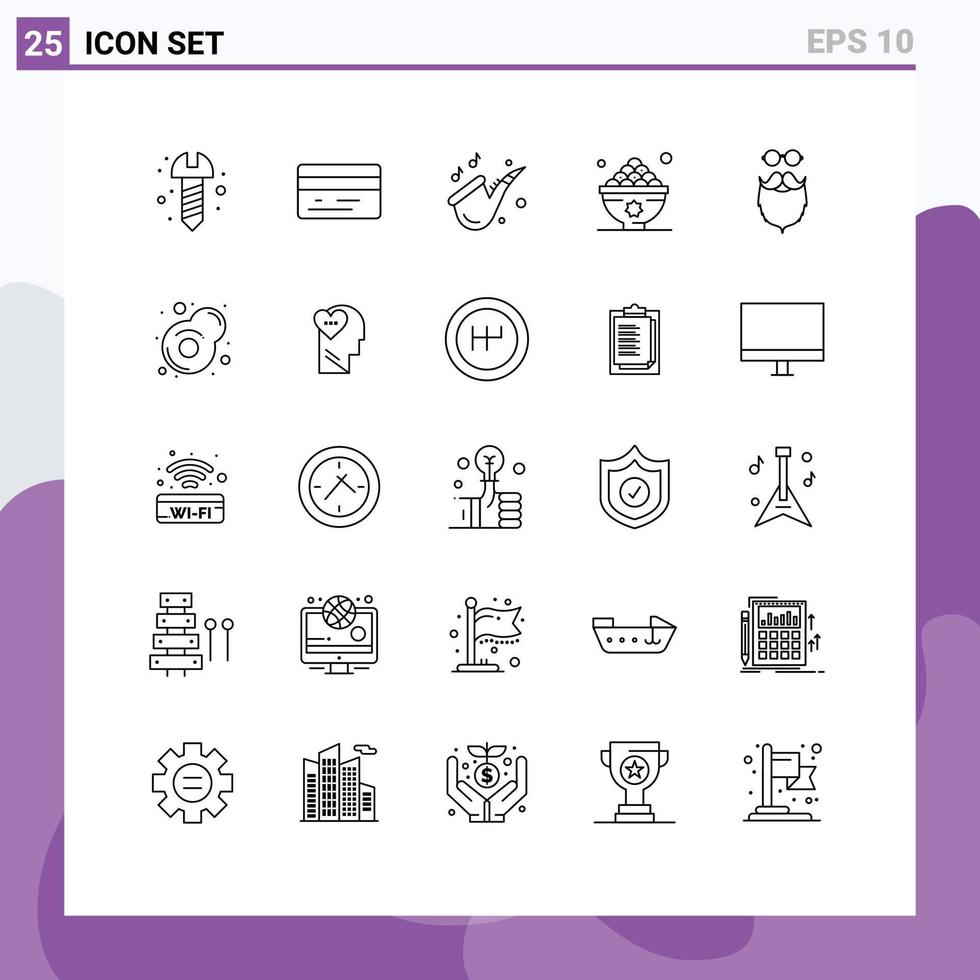 User Interface Pack of 25 Basic Lines of movember moustache play meal iftar Editable Vector Design Elements