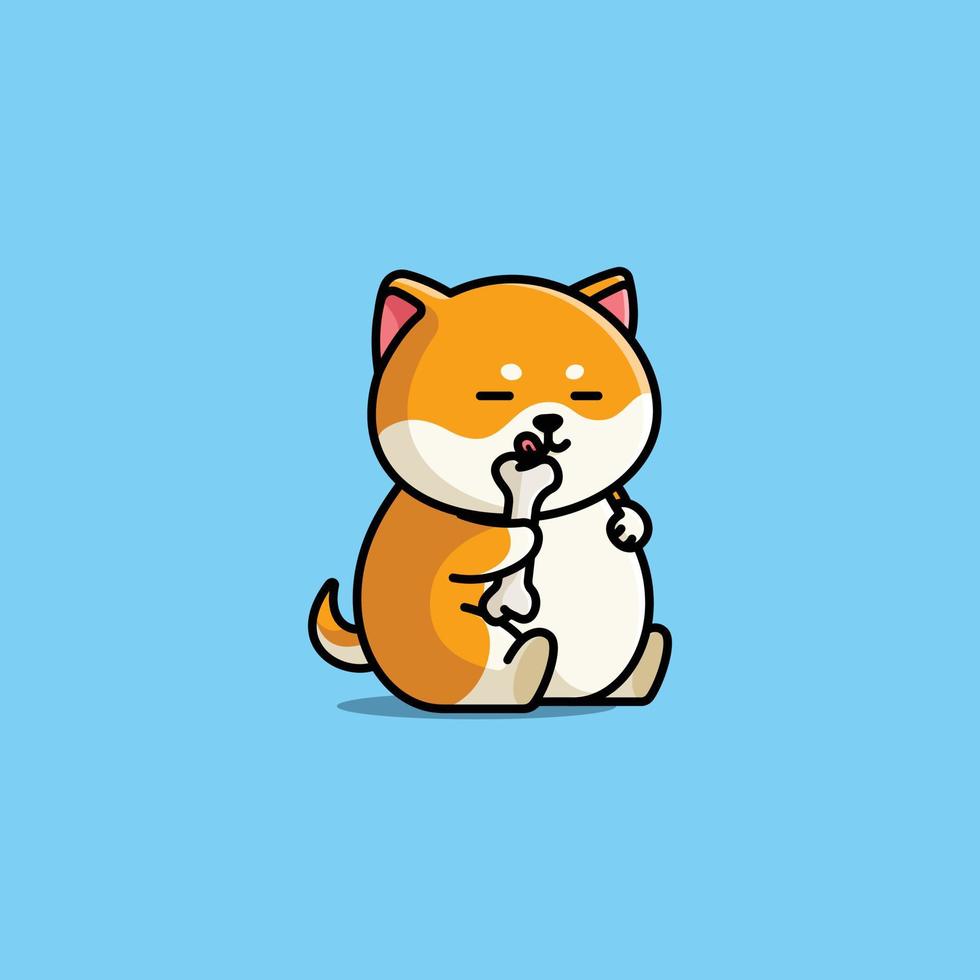 Cute cartoon fat shiba dog is sitting and holding a bone vector illustration