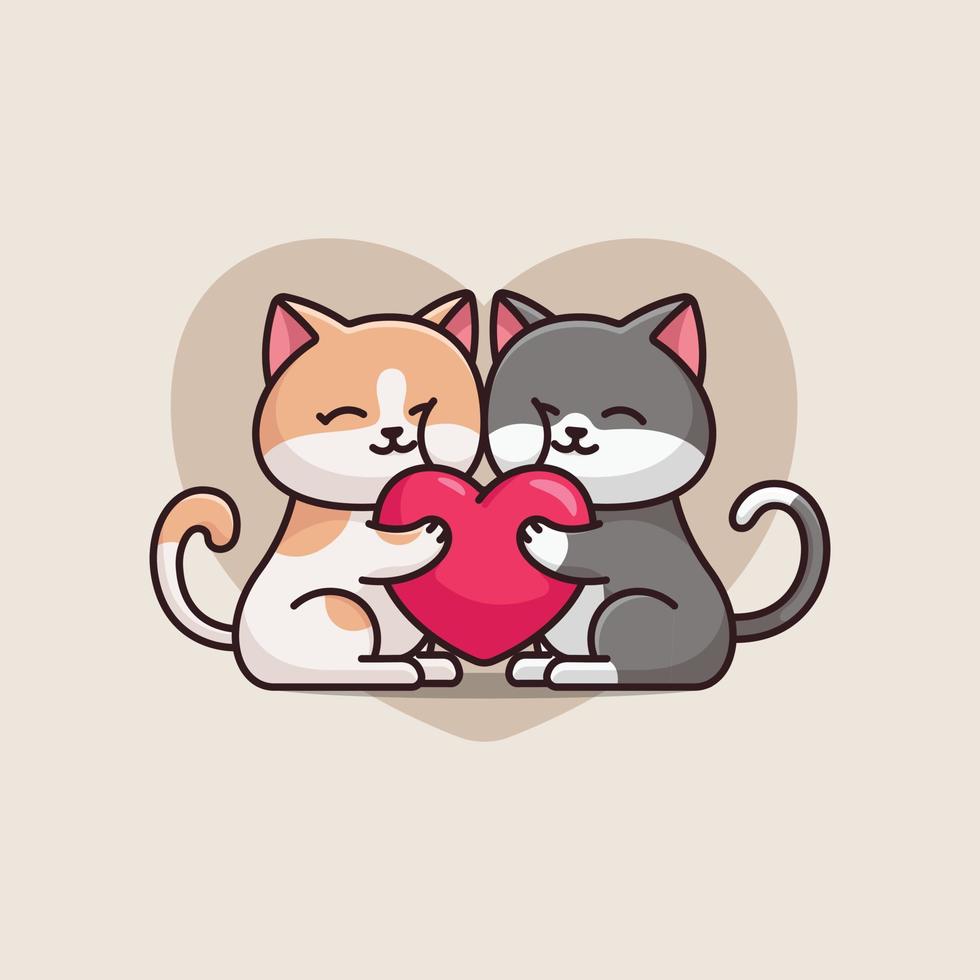 Two cats in love hug doodle icon. Cute pets vector art on white