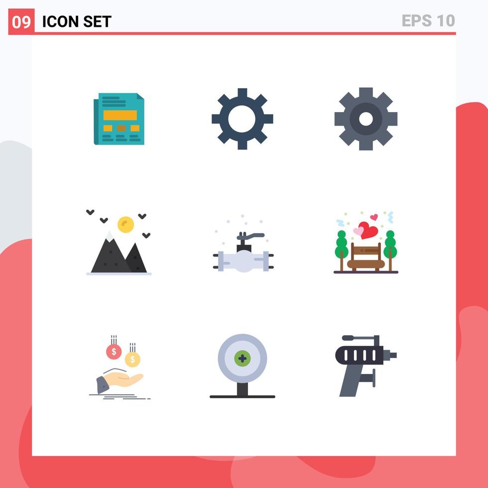 Pack of 9 Modern Flat Colors Signs and Symbols for Web Print Media such as plumbing mechanical media mountain hill Editable Vector Design Elements