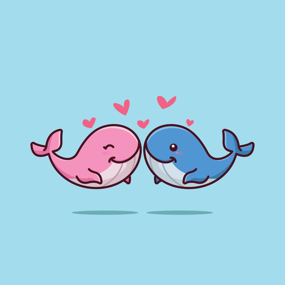 Cute whale couple love heart cartoon vector illustration animal nature isolated free