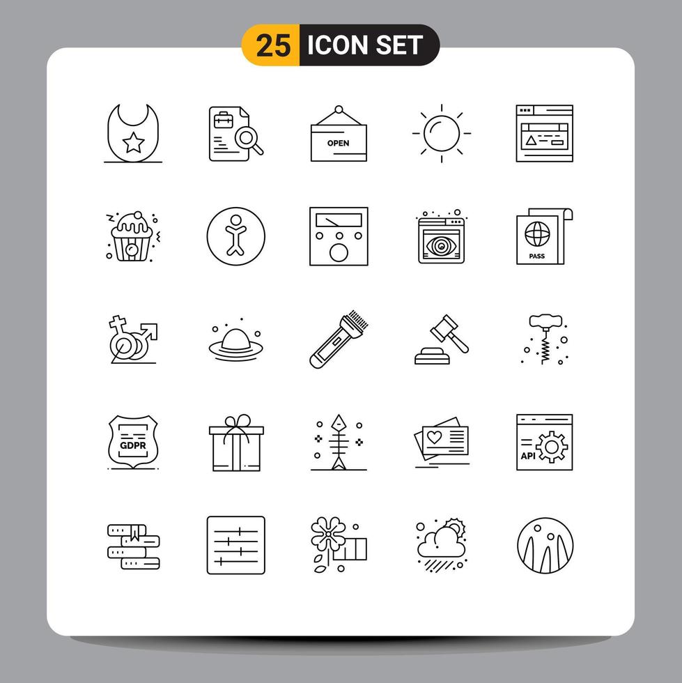 Line Pack of 25 Universal Symbols of cupcake web e interface sun Editable Vector Design Elements