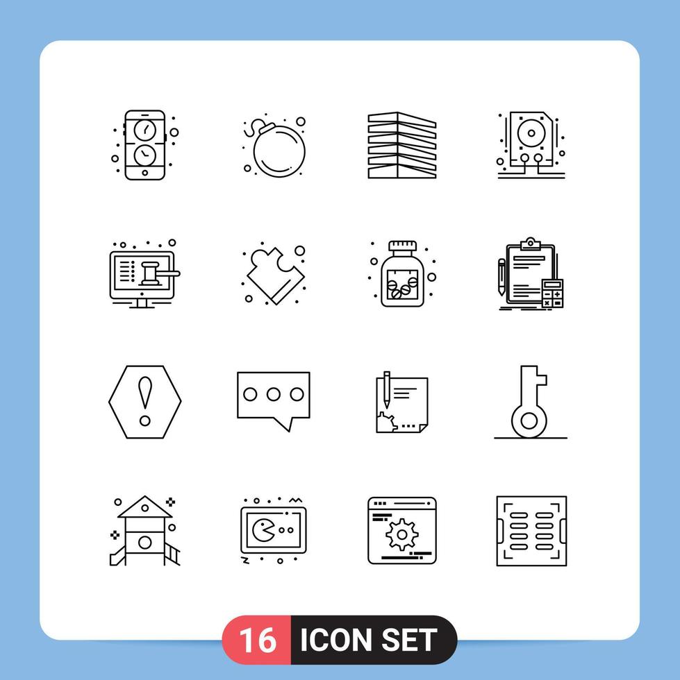 Outline Pack of 16 Universal Symbols of auction storage house hdd data Editable Vector Design Elements