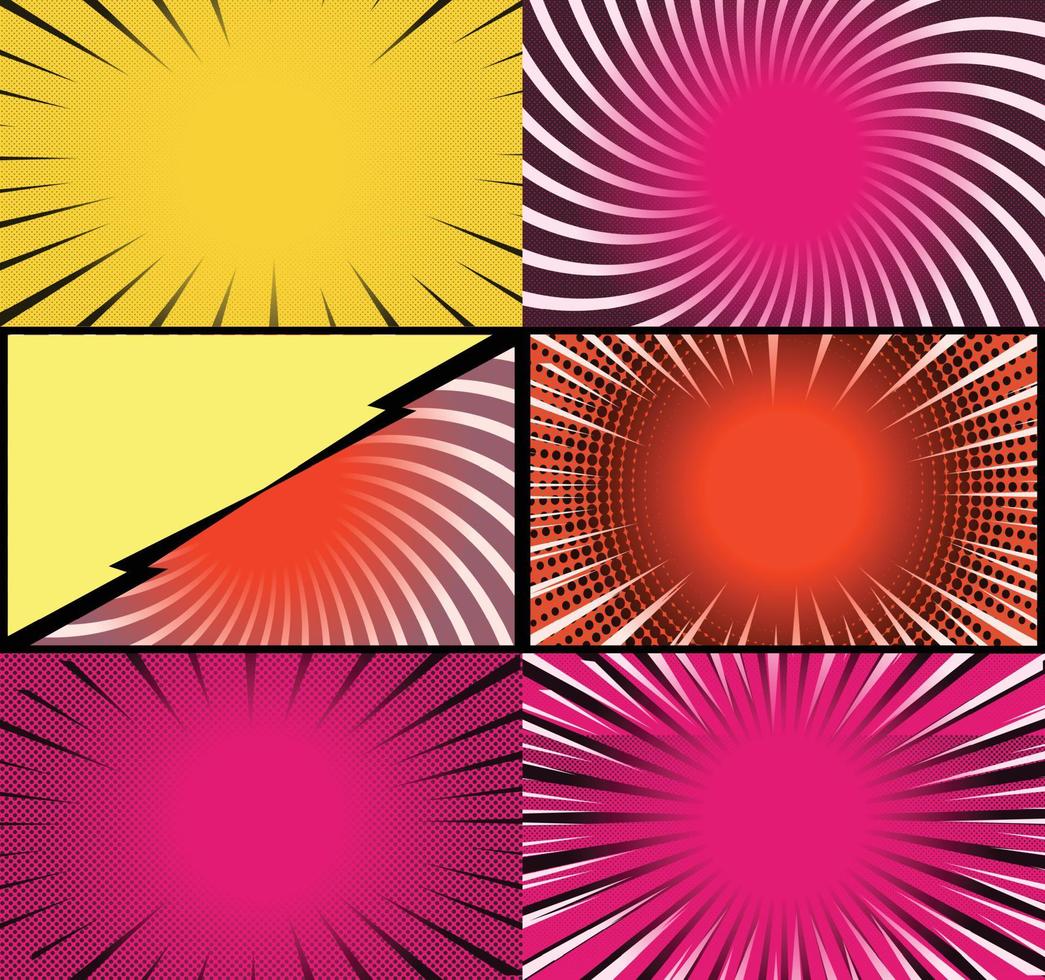 Comic book colorful frames background with halftone rays radial and dotted effects pop art style vector