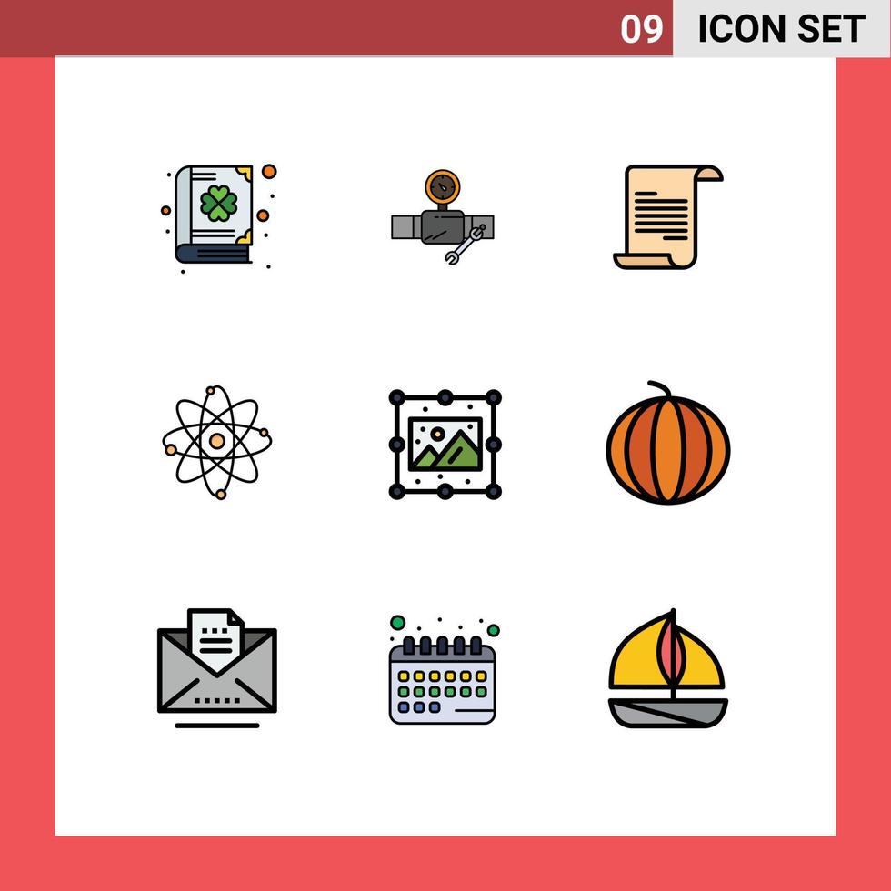 Group of 9 Filledline Flat Colors Signs and Symbols for process laboratory gage molecule atom Editable Vector Design Elements