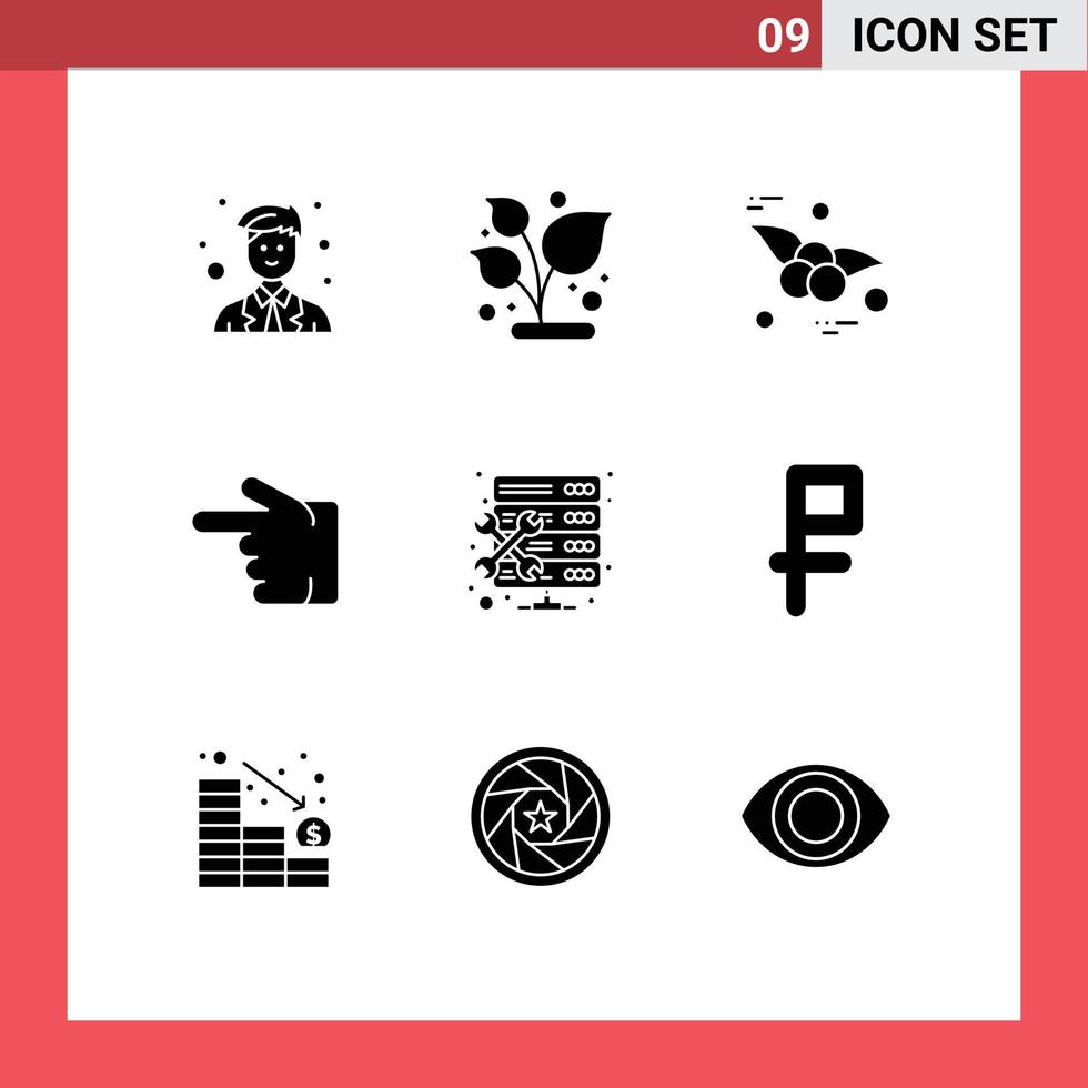 Universal Icon Symbols Group of 9 Modern Solid Glyphs of maintenance admin cherry left forefinger Editable Vector Design Elements