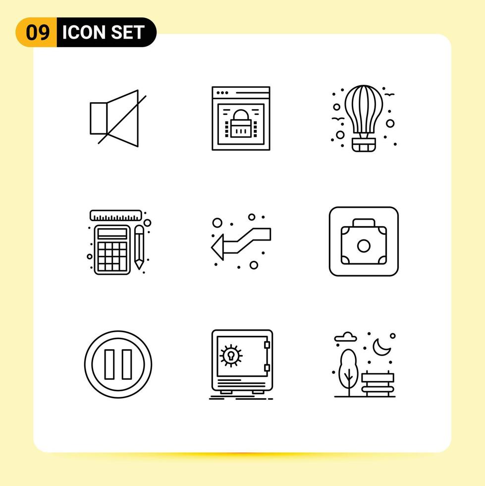 Group of 9 Outlines Signs and Symbols for calculation tools web security measurement hot Editable Vector Design Elements