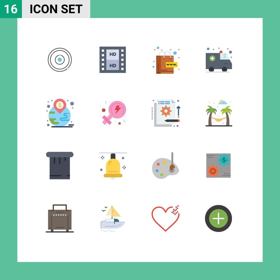 16 concepto de color plano para sitios web móviles y aplicaciones hito financiero comercio electrónico ambulancia médica paquete editable de elementos de diseño de vectores creativos