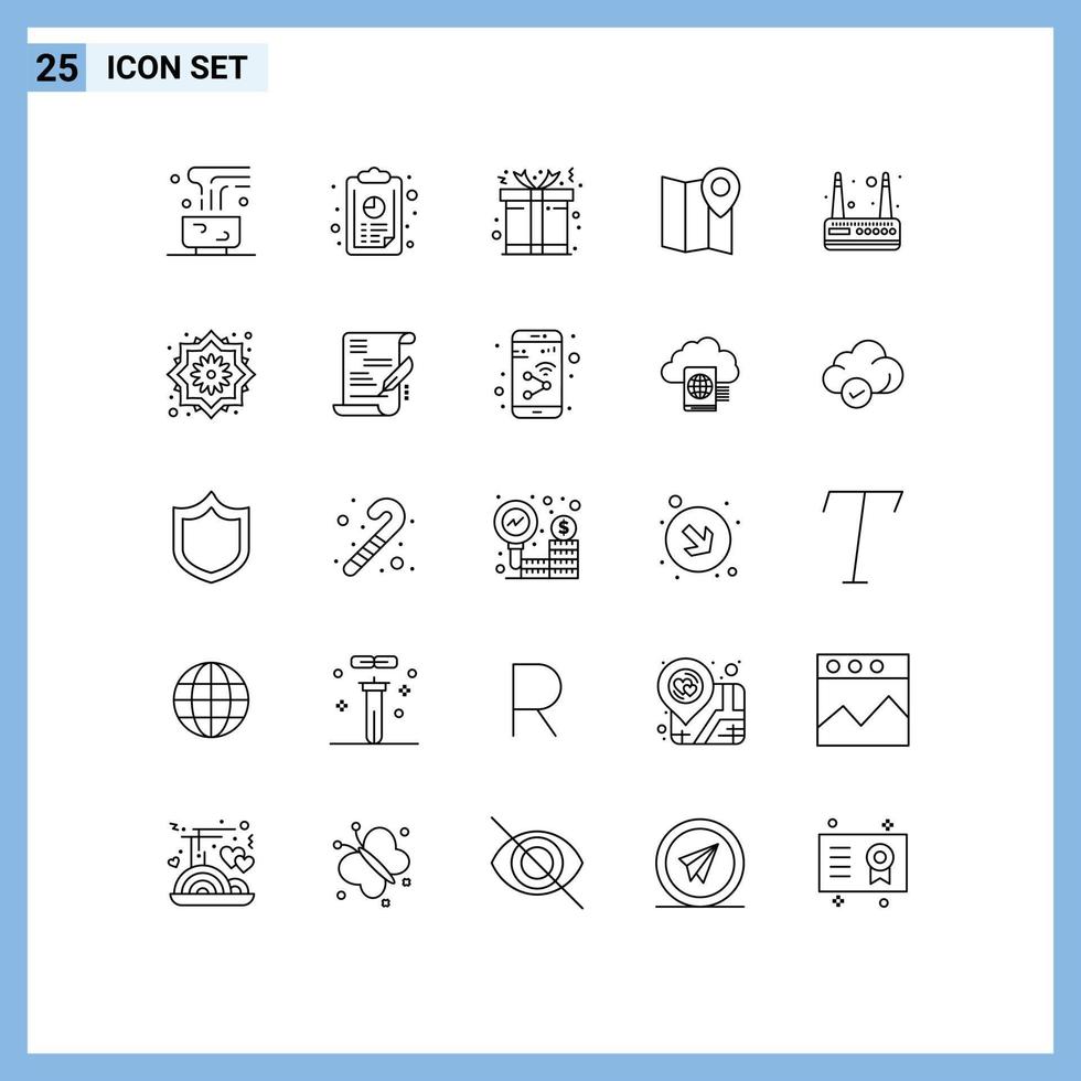Modern Set of 25 Lines Pictograph of router pin graph marker location Editable Vector Design Elements