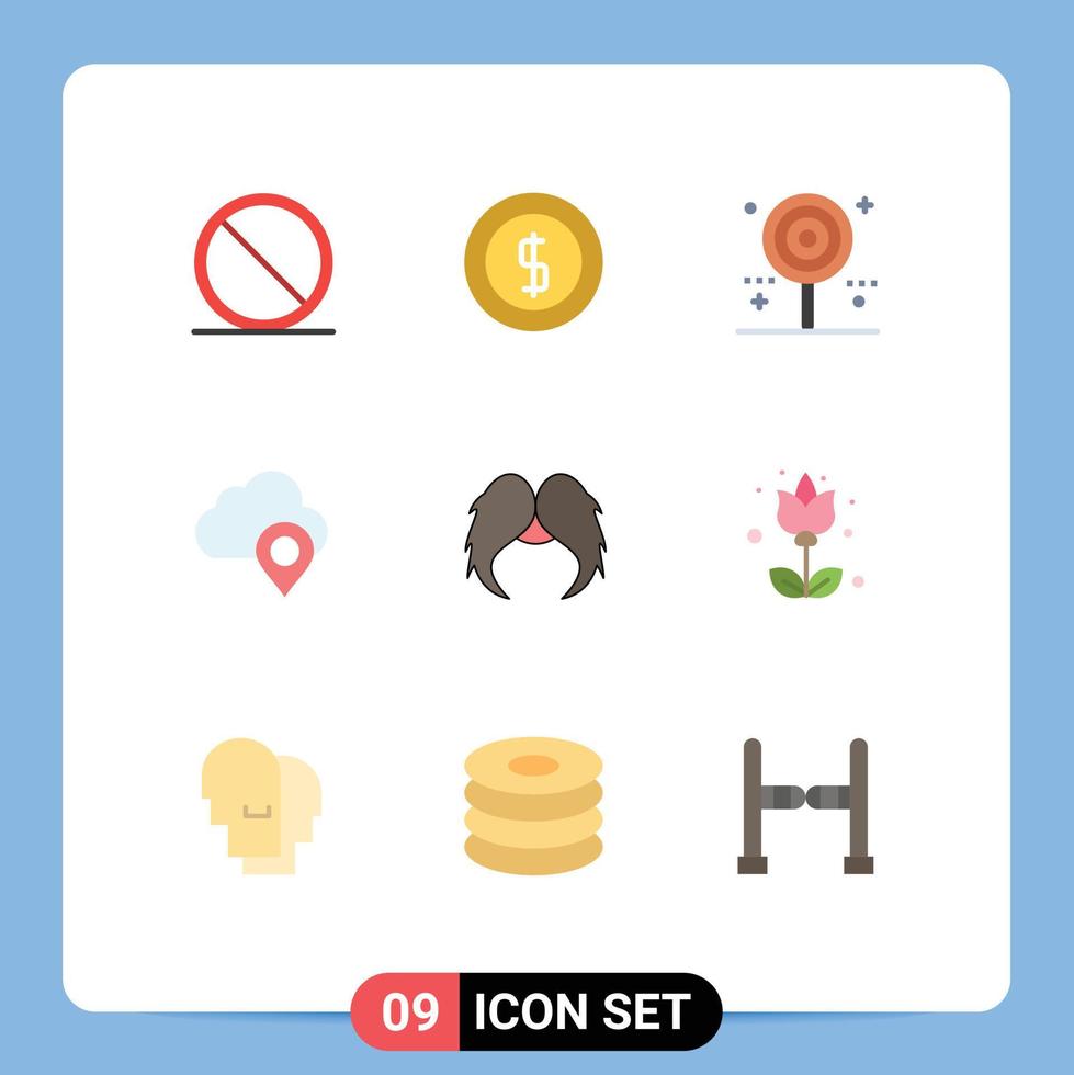 grupo de 9 signos y símbolos de colores planos para elementos de diseño de vectores editables dulces de pin de bigote