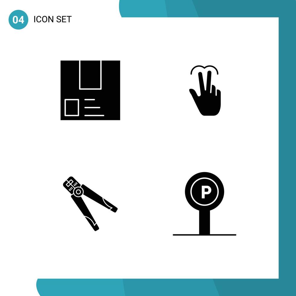 Universal Icon Symbols Group of 4 Modern Solid Glyphs of deliver touch package gestures plier Editable Vector Design Elements