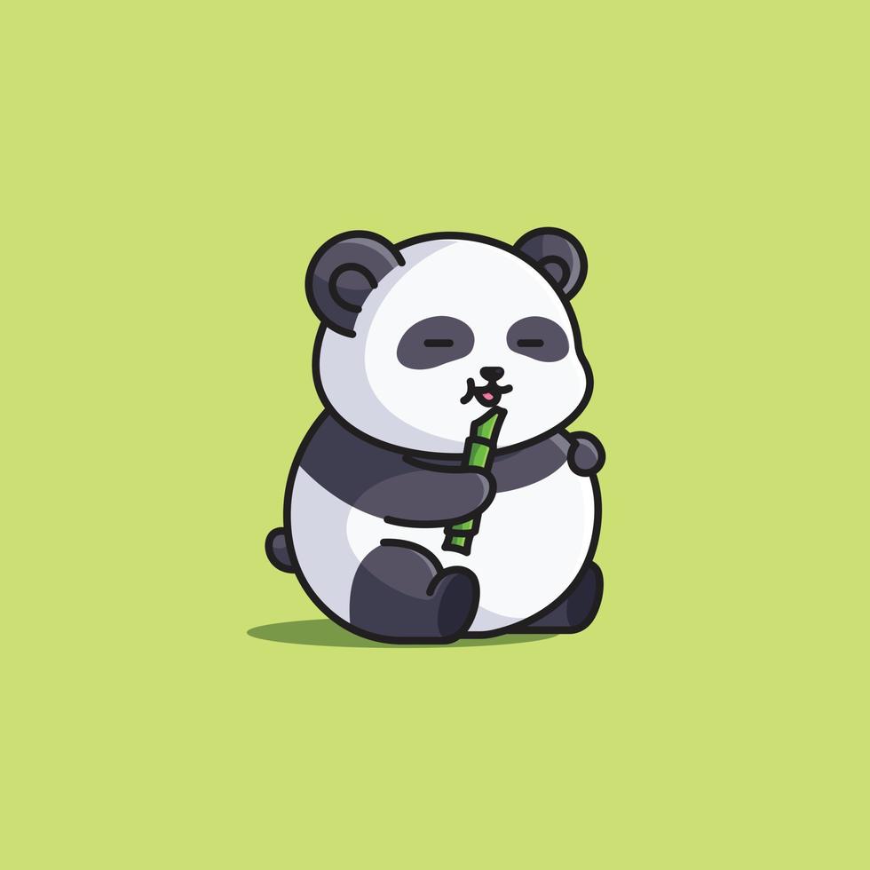 lindo panda gordo de dibujos animados sentado y sosteniendo un bambú para comer icono de ilustración vectorial vector