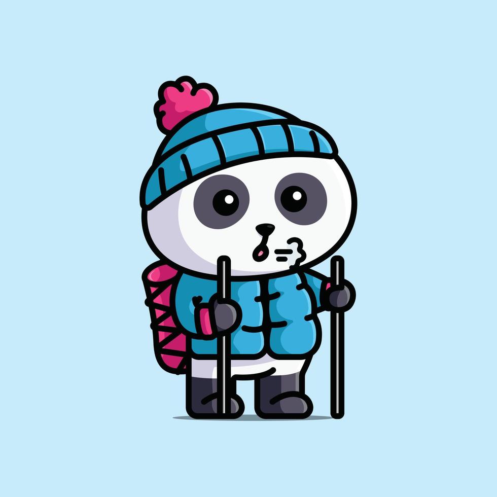 Cute climbers panda holding sticks wearing beanie and warm jackets cartoon illustration vector