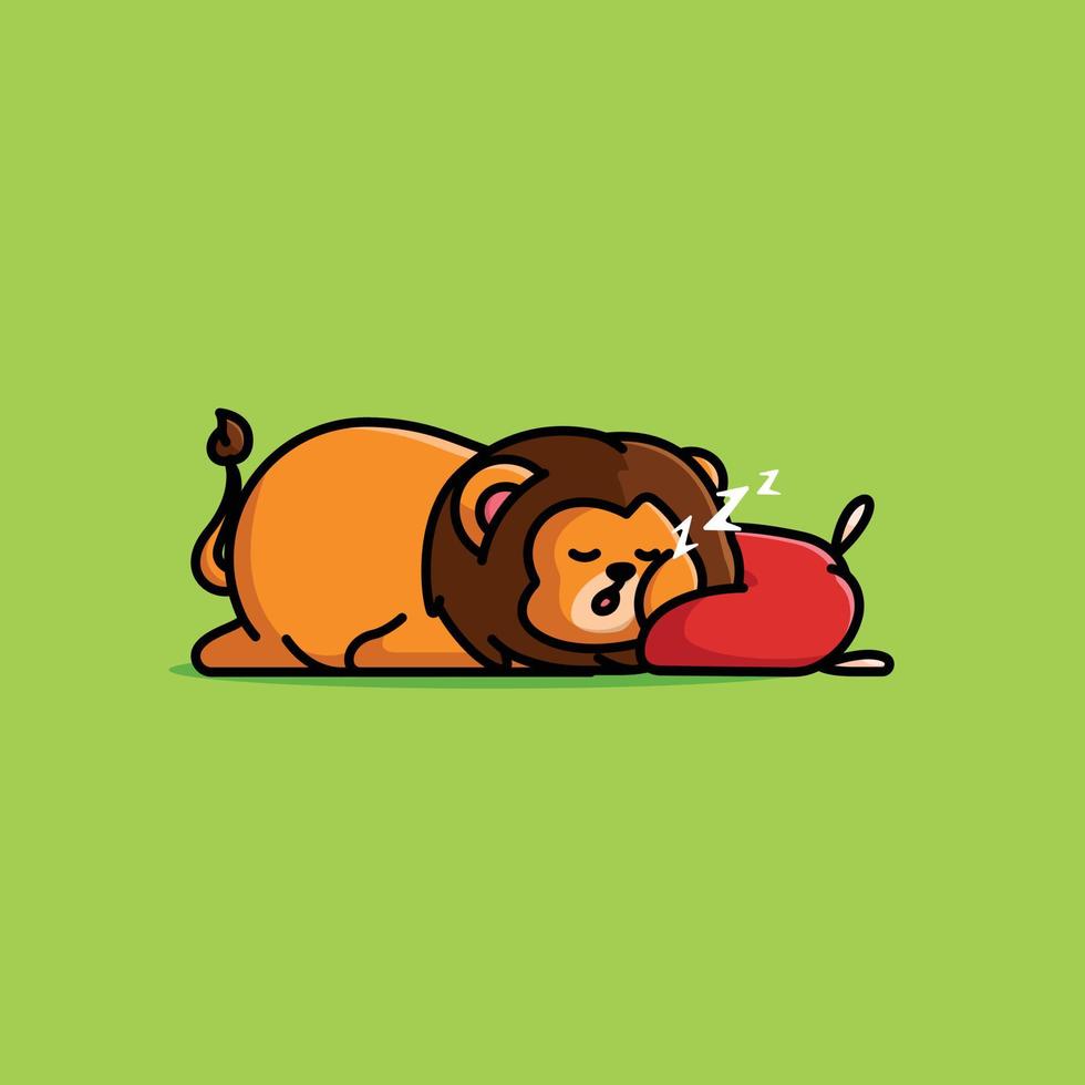 lindo león gordo de dibujos animados durmiendo con una almohada suave ilustración vectorial vector