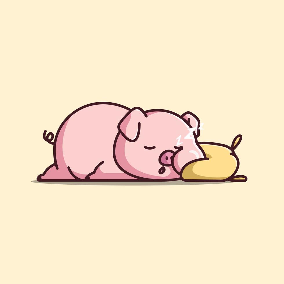 lindo cerdo gordo de dibujos animados duerme bien con una almohada suave ilustración vectorial vector