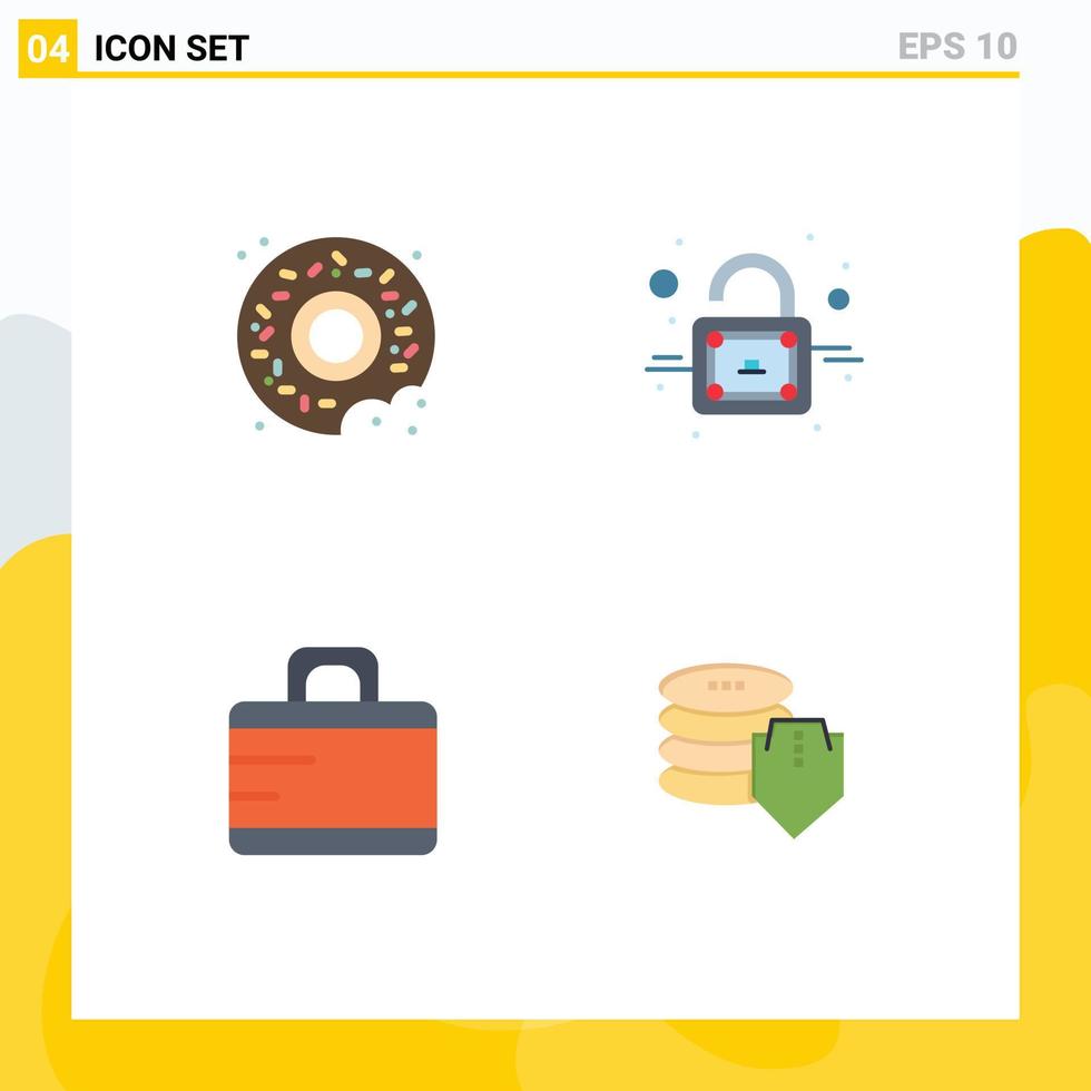 Set of 4 Vector Flat Icons on Grid for donut shield lock bag security Editable Vector Design Elements