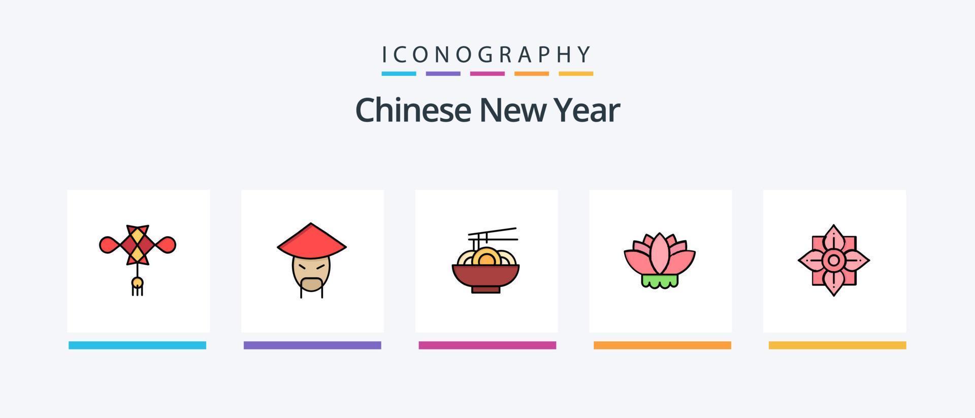 la línea de año nuevo chino llenó un paquete de 5 íconos que incluye comida china. spa. lunar. masaje. chino. diseño de iconos creativos vector