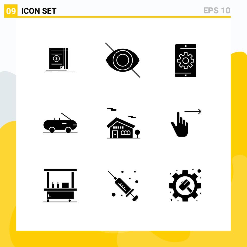 Pack of 9 creative Solid Glyphs of finger home media building cabriolet Editable Vector Design Elements