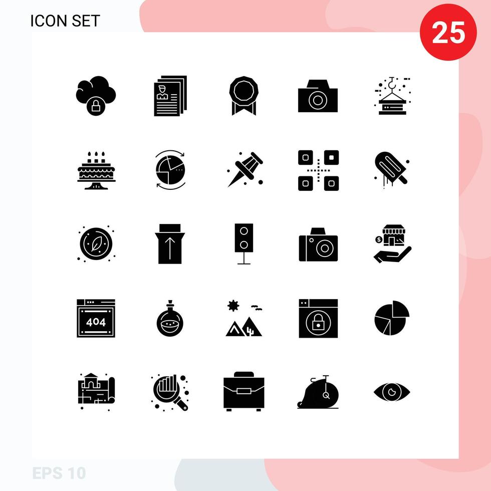 Group of 25 Modern Solid Glyphs Set for tower lifting bonus hook camera Editable Vector Design Elements