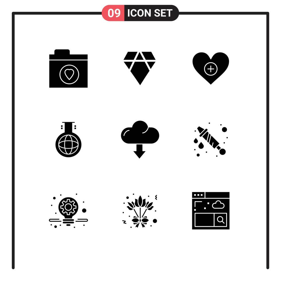 9 User Interface Solid Glyph Pack of modern Signs and Symbols of down cloud like experiment flask Editable Vector Design Elements