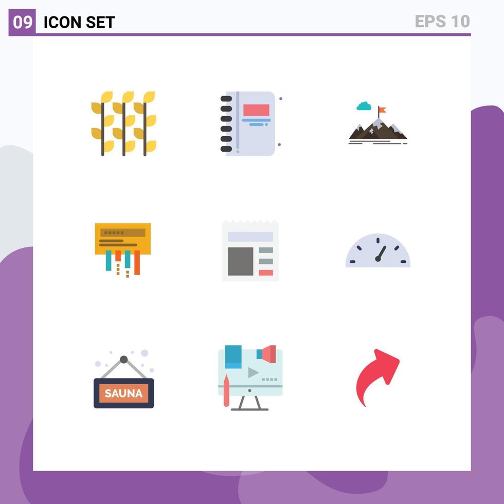 Set of 9 Vector Flat Colors on Grid for router target open book mountains goal Editable Vector Design Elements