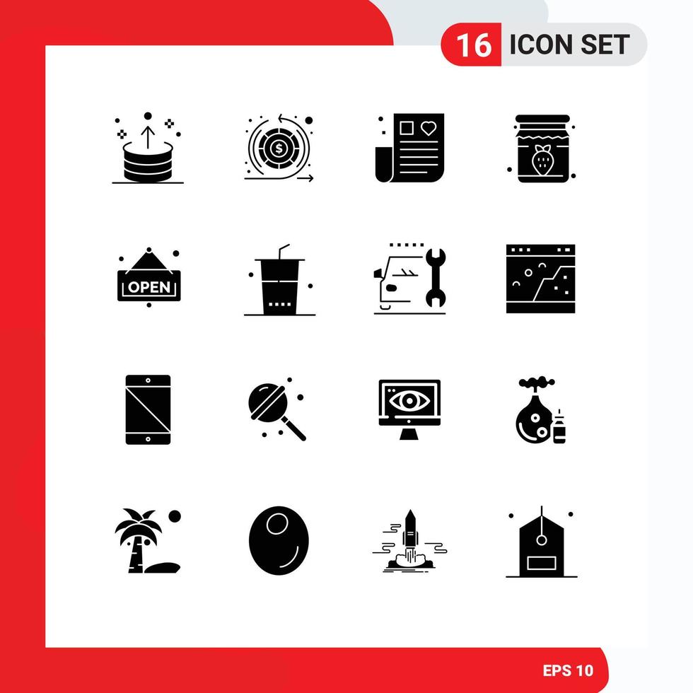 Universal Icon Symbols Group of 16 Modern Solid Glyphs of open strawberry warranty jar remedy Editable Vector Design Elements