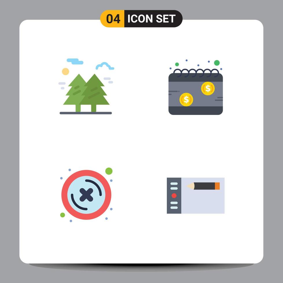 4 Universal Flat Icons Set for Web and Mobile Applications forest tax hiking money cross Editable Vector Design Elements