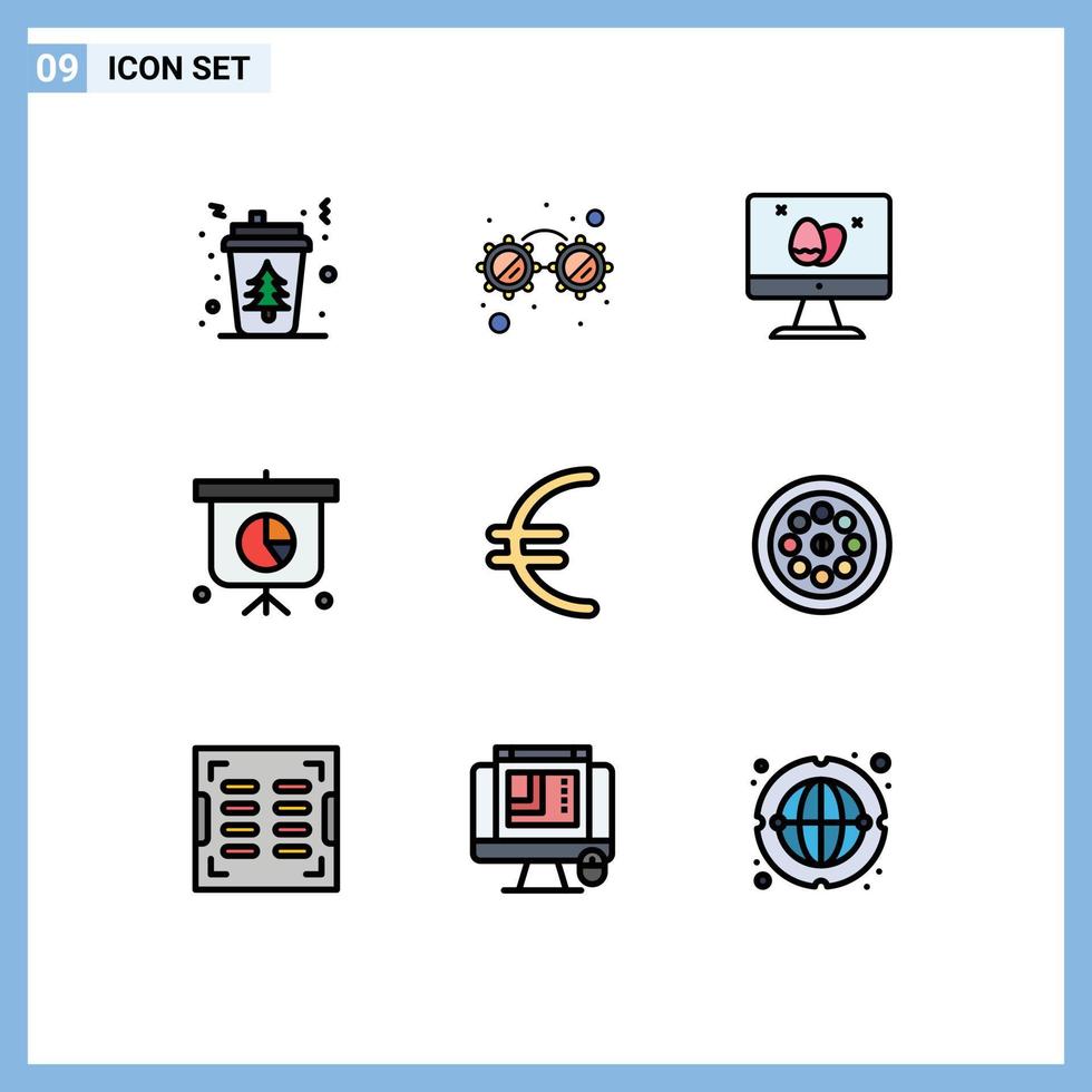 9 signos de color plano de línea de llenado universal símbolos de presentación de monitor de moneda de finanzas elementos de diseño de vector editable de negocios