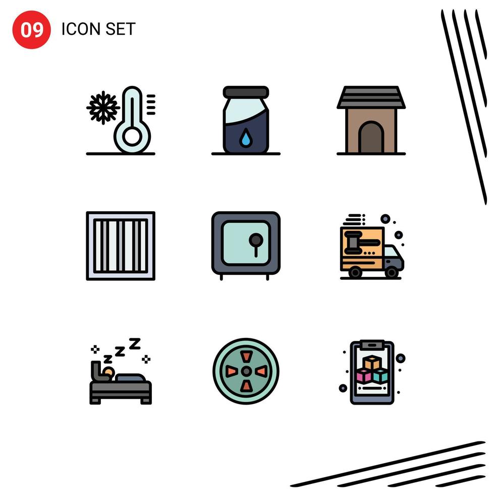 Mobile Interface Filledline Flat Color Set of 9 Pictograms of gold bank appliance prison criminal Editable Vector Design Elements