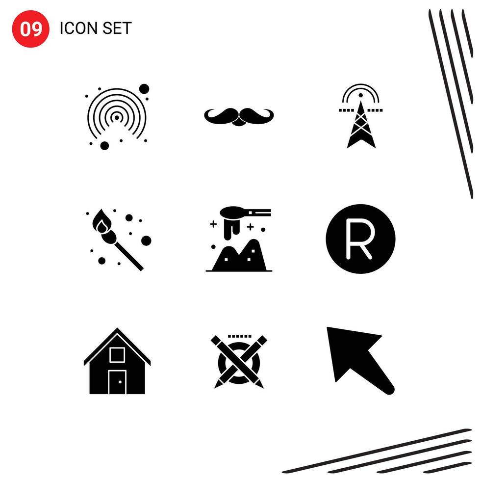 Universal Icon Symbols Group of 9 Modern Solid Glyphs of scoop match electric tower fire computing Editable Vector Design Elements