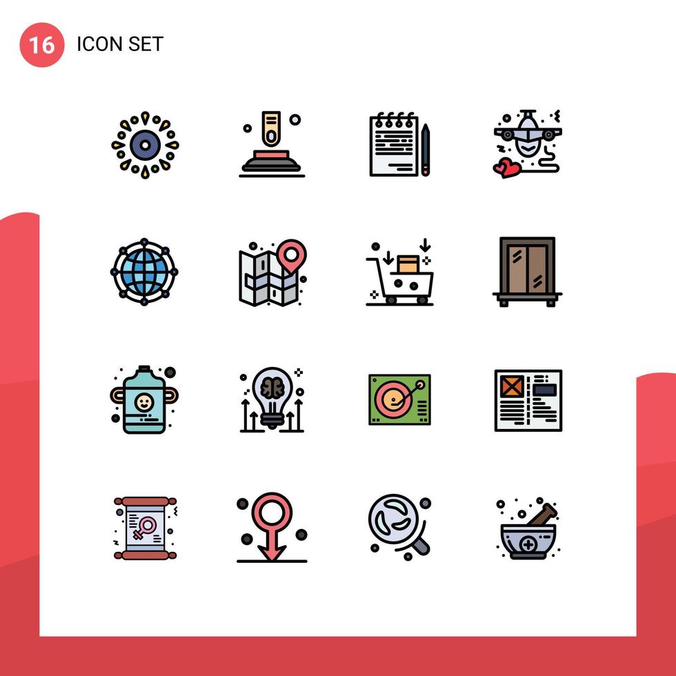 16 líneas llenas de colores planos vectoriales temáticos y símbolos editables de la lista de aviones de inicio de vuelo del corazón elementos de diseño de vectores creativos editables